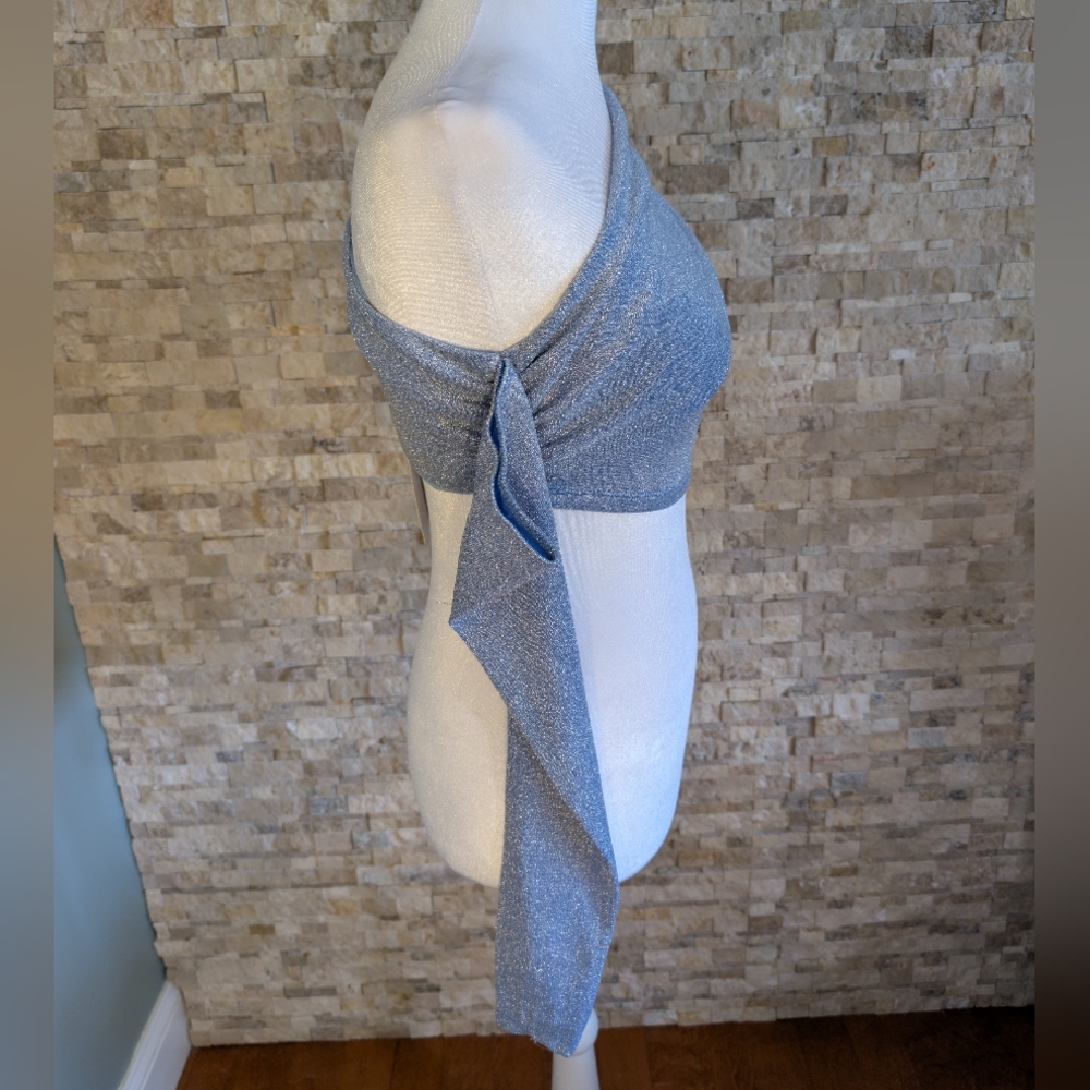 Naked Wardrobe One Shoulder Shimmer Metallic Long Sleeve Blue Top Small NWT image 3